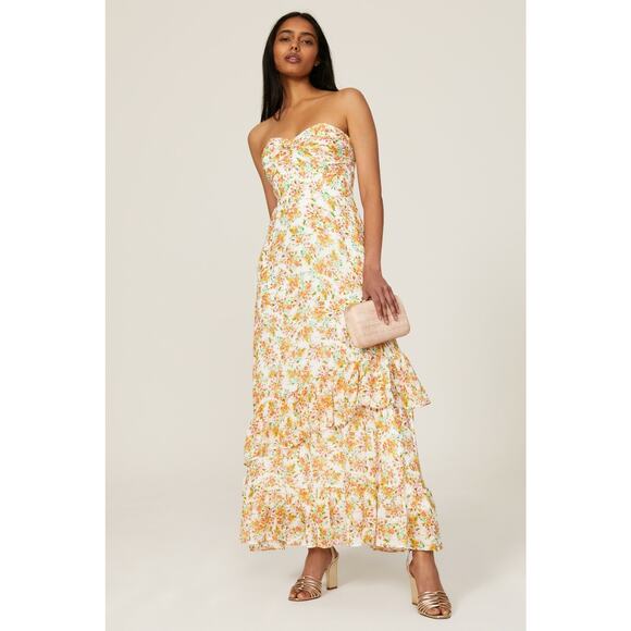 Shoshanna Remy White Orange Floral Print Strapless Ruffled Maxi Dress 8 - Picture 1 of 14